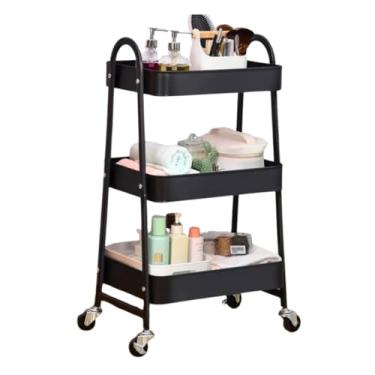 Imagem de Carrinho Organizador de Metal Com 3 Andares, Prateleira Multiuso Com Rodízios, Preto, Para Cozinha, Banheiro e Escritório (Preto)