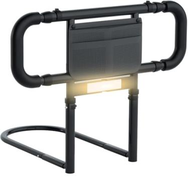 Imagem de LIUQIBAX Trilhos de cama para segurança de adultos idosos: produtos de assistência a idosos com alças duplas ajustáveis, bolso de armazenamento, luz de sensor de movimento, itens para trilho de cama