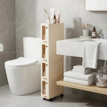 Imagem de Weysat Armário de armazenamento estreito para banheiro com rodas, organizador fino com portas e prateleiras transparentes para espaços pequenos, cozinha, banheiro, lavanderia (4 camadas)