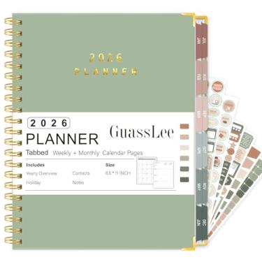 Imagem de GuassLee Agenda grande 2026 – Agenda de agenda semanal e mensal A4 com adesivos, bolso traseiro, abas revestidas – 21,6 cm x 28 cm, verde claro
