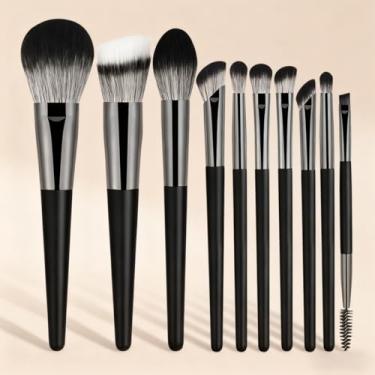 Imagem de 10 pincéis de maquiagem, macios ao toque, adequados para todos os tipos de pele para base, blush, sombra e contorno (preto)