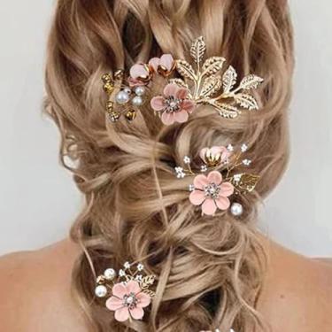 Imagem de Conjunto de 5 peças de alfinetes de cabelo de casamento flor de cristal pérola acessório de cabeça acessórios de casamento de ouro joias com strass para noivas damas de honra mulheres updo