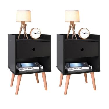 Imagem de Conjunto Kit 2 Mesas de cabeceira Moderna Retrô Mesinha Quarto Decore com Gaveta - Preto - Lojas RPM