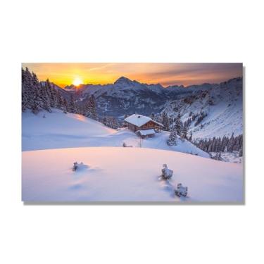 Imagem de NHLDZYH Impressão em tela de paisagem de inverno moderna, (cabine de pôr do sol alpino), decoração de parede de natureza minimalista para escritório e quarto, decoração de inverno aconchegante. Apenas