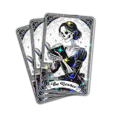 Imagem de (3 peças) Adesivo de tarô The Reader, Decalque de vinil de leitura de esqueleto gótico, Dark Academia Tarot Aesthetic Book Lover Gift para leitores, bibliotecários e bruxas
