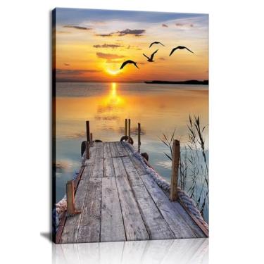 Imagem de Arte de parede em tela pôr do sol natureza cais calçadão decoração de parede pássaros voadores vista lago pintura arte para casa sala de estar quarto escritório (30,5 x 40,6 cm) emoldurada