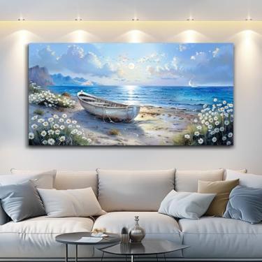 Imagem de PHAOHUAXM Arte de parede para sala de estar em tela decoração de parede para quarto escritório flor branca à beira-mar pintura de paisagem decorações de restaurante impressão de imagem arte pronta