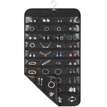 Imagem de Organizador de joias suspenso para armário com gancho giratório, 43 x 76 cm, 80 bolsos transparentes, organizador de joias pendurado para joias, brincos, acessórios (1, preto)