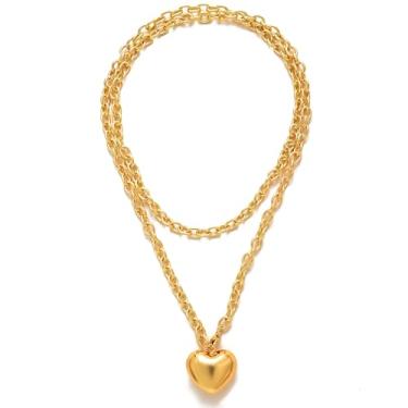 Imagem de GLMOCM Colar de coração grosso dourado para mulheres, colar com pingente de coração inchado, grosso, corrente de elos grossos, clipe de papel, joias presentes para mulheres, one size, Cobre, Sem Pedra