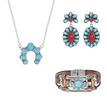 Imagem de Kezoic Conjunto de 3 peças de joias turquesa ocidental com brincos, pulseira e colar para mulheres
