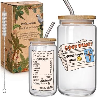 Imagem de Jesus Loves You Christian 473 ml Copo de Vidro Presentes para Mulheres da Bíblia, Presente de Verso da Bíblia de Fé Cristã, Presentes de Batismo, Tampas de Jarra de Café Jesus, Canudos, Presentes de