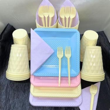 Imagem de Kit Festa Aniversário Itens Descartáveis Premium - Conjunto Copos, Pratos e Talheres em Cor Pastel para Aniversário, Casamento e Eventos(Sortidos Candy 03)