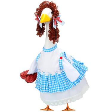 Imagem de Abbylike Roupas de ganso para varanda de Halloween azul e branco vestido de feiticeiro guingão fantasia roupas de ganso para varanda quintal roupas para fantasia grande de cimento de 58 cm para