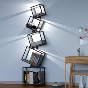Imagem de sugitek Estante skinny de 5 camadas com design geométrico exclusivo - Estante de metal moderna com luzes LED, organizador estreito para sala de estar, quarto, escritório, canto - preta