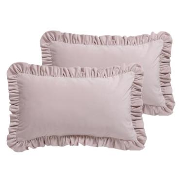 Imagem de bilin gaier Capas de almofada retangulares rosa claro 30,5 x 50,8 cm, conjunto de 2, capa de almofada francesa de veludo com babados, resistente e durável para sofá, cama, sala de estar ou carro