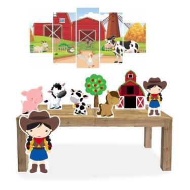 Imagem de Kit Display Festa Fazendinha Menina Cabelo Preto + Quadro - X4adesivos