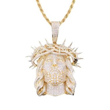 Imagem de LUSSO Corrente de prata esterlina 925 Jesus Piece Ice Out para mulheres e homens – Colar com pingente de espinho preenchido em ouro 14 k, joia hip hop, 22inch, Aço inoxidável, Sem Pedra Preciosa
