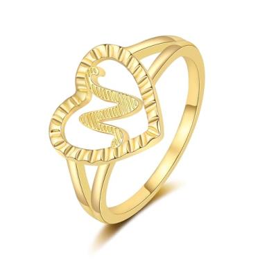 Imagem de RLMOON Anel feminino com inicial de ouro vintage coração amor anel não manchado banhado a ouro 14 k personalizado letra esculpida anel tamanho 6-10 joias presentes, Metal não precioso, Sem pedra