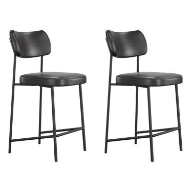 Imagem de Kit 02 Banquetas Médias Para Cozinha Lila Estofada Com Encosto Couríssimo Preto - Abmaza