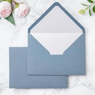 Imagem de PONATIA 50 peças/lote envelopes A7, envelopes azuis de 13 x 19 cm, perfeitos para cartões de convite de casamento 14 x 17 cm, convite de formatura (forro branco pérola + azul poeirado)