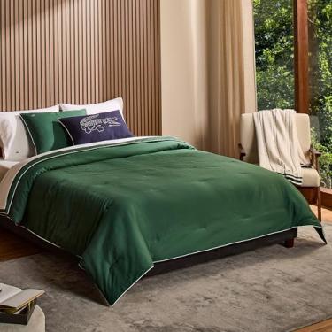 Imagem de Lacoste Conjunto de edredom tiebreak – 100% algodão percal, tecido otomano canelado, acabamento dublê texturizado, aquecimento alternativo para todas as estações, certificado Oeko-Tex, verde, solteiro