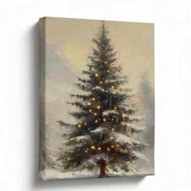 Imagem de Arte de parede de Natal, decoração de férias de inverno, pintura a óleo de árvore de Natal coberta de neve sobre tela, paisagem rústica neutra, destaque aconchegante de casa de fazenda, pronto para