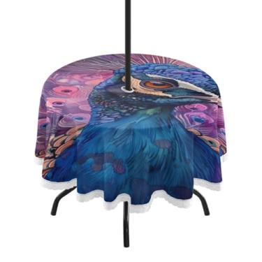 Imagem de Blueangle Toalha de mesa redonda de pavão aquarela impermeável de 152 cm com orifício para guarda-chuva - Tecido resistente à prova de sol para todos os climas para pátio, acampamento, piquenique(505)