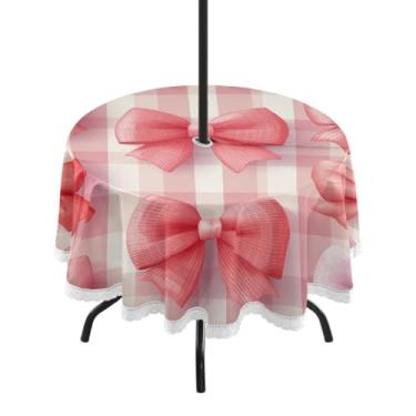 Imagem de Blueangle Toalha de mesa redonda com laço rosa impermeável de 152 cm com orifício para guarda-chuva - Tecido resistente à prova de sol para todos os climas para pátio, acampamento, piquenique(167)