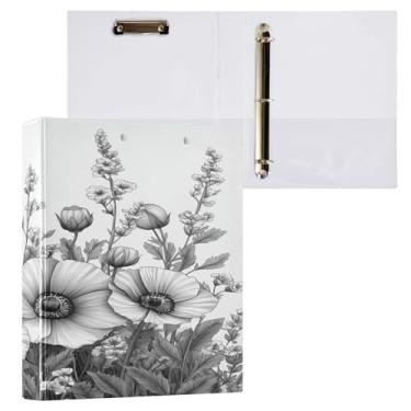 Imagem de Blueangle Fichário de 3 anéis de flores pretas e brancas de 3 cm, fichário de prancheta com 2 bolsos, fichário decorativo de 3 anéis para material de escritório (308)