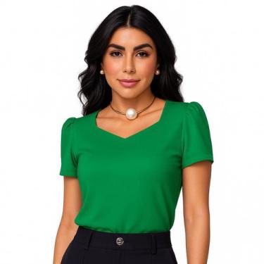 Imagem de Blusa Social Feminina Manga Curta Bufante Decote Princesa Crepe Elegan