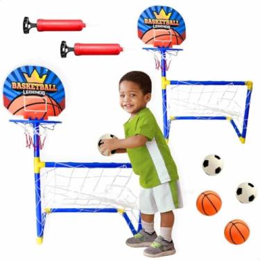 Imagem de Kit com 2 Traves Golzinho de Futebol com Cesto de Basquete Embutida e Bola de Futebol com Bombinha Bomba de Ar Presente Natal Menino 3 anos menina dia das crianças Férias Esporte Infantil