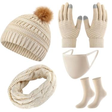 Imagem de Liitrsh Conjunto de 6 peças de gorro de inverno, cachecol e tela sensível ao toque, luvas aquecedoras de orelha, conjunto de máscaras faciais para mulheres e homens, Bege, tamanho �nico