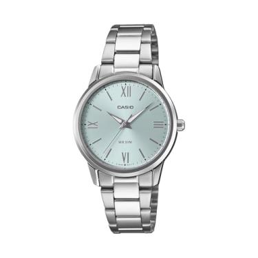 Imagem de Casio LTP-1303DDD-2AV Relógio analógico feminino padrão de aço inoxidável com mostrador azul romano com 3 ponteiros