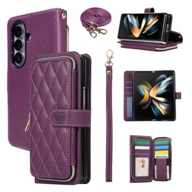 Imagem de YYTVN Capa carteira para Samsung Galaxy Z Fold 7 com zíper e alça de ombro e alça de pulso, bolsa transversal elegante capa protetora para Galaxy Z Fold 7 - roxo escuro