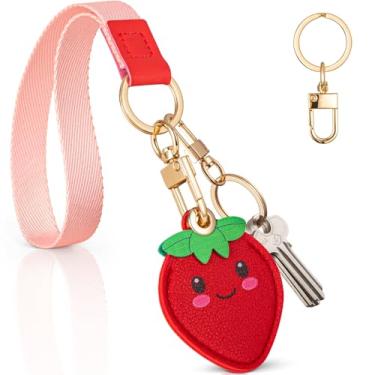Imagem de Porta-chaveiro AirTag: capa fofa de couro sintético Kawaii, 3 em 1, com capa oculta, alça de pulso removível e faixa de mão antiperda, capa protetora antiarranhões para Airtag (morangos)