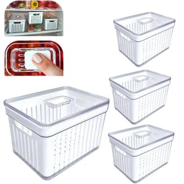 Imagem de Organizador de Geladeira de Acrílico com Tampa e Cesto de Drenagem, Transparente, 2,2 Litros, 20x15x9,5cm, Kit com 4 Unidades