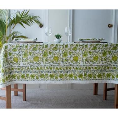 Imagem de VISTALOOM Toalha de mesa com estampa em bloco: 152 x 300 cm, retangular, 100% algodão, pré-encolhida, lavável para primavera, cozinha e jantar, perfeita para pátio, interior e exterior, casa de