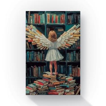 Imagem de quadro decorativo biblioteca magica anjo asas de livros 90x60 cm estilo fantasia decoracao parede impressão em tela cores vibrantes ambiente criativo sala quarto escritório