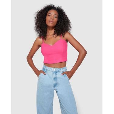 Imagem de Blusa Cropped Feminina Decote Coração Em Viscolinho - ENFIM, Rosa, GG