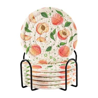 Imagem de SEHANY Conjunto de 6 porta-copos rosa pêssegos com suporte, porta-copos redondos absorventes de algodão resistente ao calor para mesa de jantar, canecas de café, proteção de copos, 10 cm