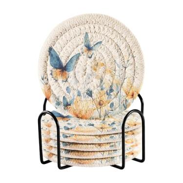 Imagem de SEHANY Elegante conjunto de 6 porta-copos de flores de borboleta com suporte, porta-copos redondos absorventes de algodão resistente ao calor para mesa de jantar, canecas de café, 10 cm