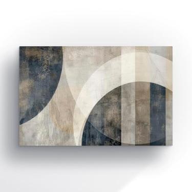 Imagem de Arte Abstrata Moderna em Canvas azul petroleo, Decoração Geométrica Contemporânea em Tons de Azul e Bege, Painel para Parede 90x60 cm