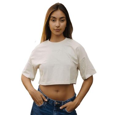 Imagem de Camiseta Feminina T-shirt Cropped Aplique Assinatura Manga Curta Oversized Confortavel Streetwear Cr-Feminino