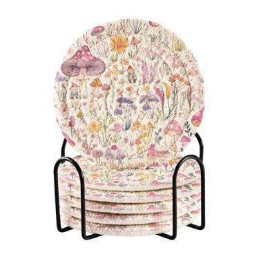 Imagem de SEHANY Conjunto de 6 porta-copos de cogumelos florestais com suporte, porta-copos redondos absorventes de algodão resistente ao calor para mesa de jantar, canecas de café, 10 cm
