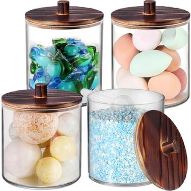 Imagem de SheeChung Pacote com 4 frascos grandes de boticário de 1,5 l com tampa de madeira, recipiente de cápsulas de lavanderia, frascos de armazenamento para organização de banheiro, recipientes de plástico