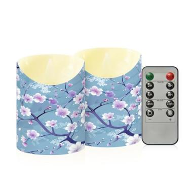 Imagem de Wassud Flores de cerejeira azuis velas sem chama com controle remoto, velas realistas cintilantes com temporizador, velas decorativas para Natal, casamento, festa, decoração de casa pequenas