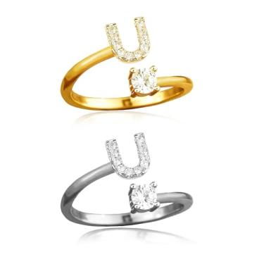 Imagem de ABJFJE Anéis femininos ajustáveis com letras prateadas douradas delicadas zircão cristal inicial empilhável anel moderno joia exclusiva presente 2 peças, Latão, Cristal