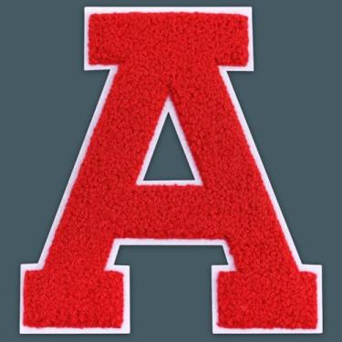 Imagem de QianSiLi Adesivos de letras universitárias de chenille vermelho de 15 cm, letras grandes para jaquetas Letterman, moletons com capuz, mochilas, coletes, roupas, adesivos individuais da letra A