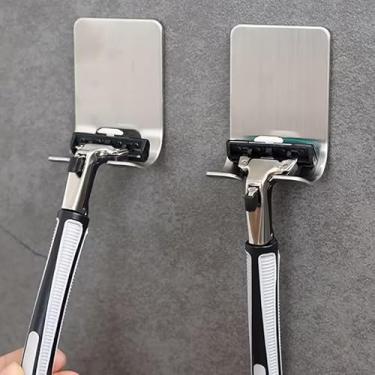 Imagem de 2 peças, 2 peças, suporte de gancho de barbear, gancho de armazenamento multifuncional de aço inoxidável autoadesivo, adequado para navalha e ganchos de toalha de banho, prata