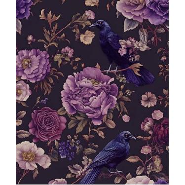 Imagem de Papel de parede Crow Birds Peel and Stick, papel de contato floral roxo escuro, papel de parede vintage Witchy Goth autoadesivo removível à prova d'água para banheiro quarto prateleiras armário gaveta